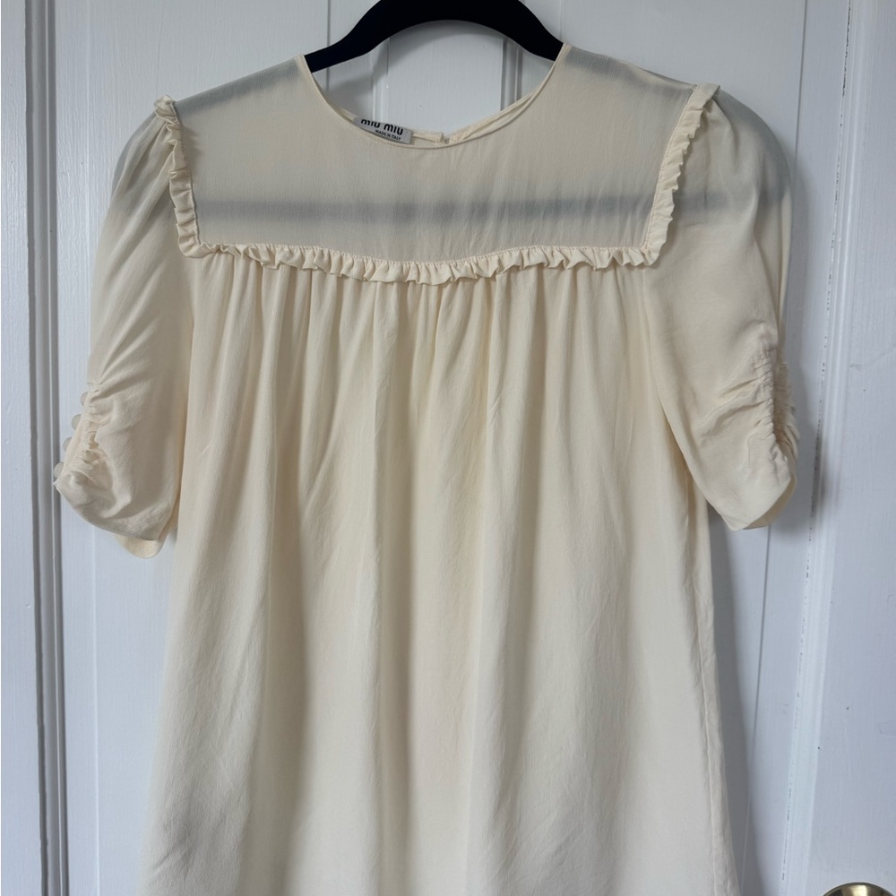 Miu Miu Cream Ruffle Yoke Short Sleeve Blouse